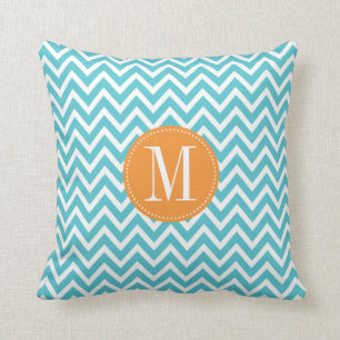 Orange and Blue Chevron Custom Monogram Cushion