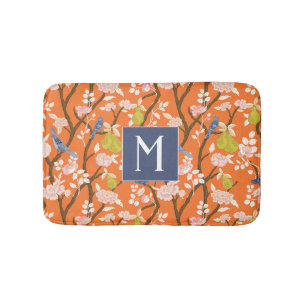 Orange and Blue Chinoiserie Birds Monogram Bath Mat