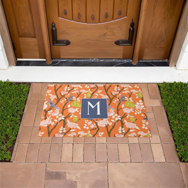 Orange and Blue Chinoiserie Birds Monogram Doormat (Outdoor)