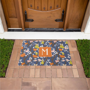 Orange and Blue Chinoiserie Birds Monogram Doormat