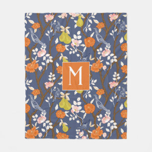Orange and Blue Chinoiserie Birds Monogram Fleece Blanket