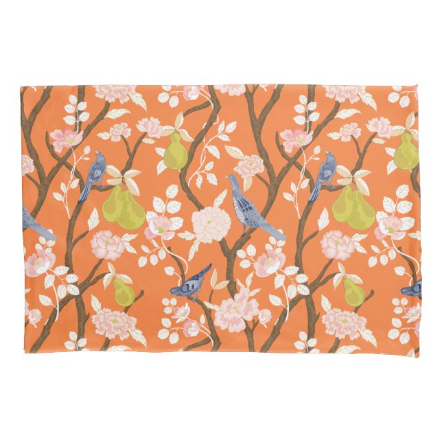 Orange and Blue Chinoiserie Birds Monogram Pillowcase (Front)