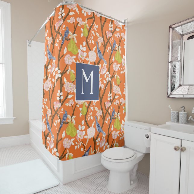 Orange and Blue Chinoiserie Birds Monogram Shower Curtain (In Situ)