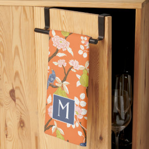 Orange and Blue Chinoiserie Birds Monogram Tea Towel