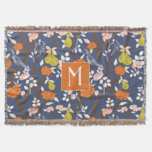 Orange and Blue Chinoiserie Birds Monogram Throw Blanket