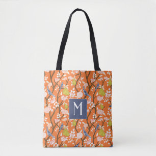 Orange and Blue Chinoiserie Birds Monogram Tote Bag