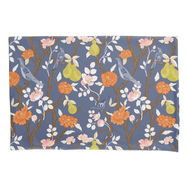 Orange and Blue Chinoiserie Birds Pillowcase (Front)