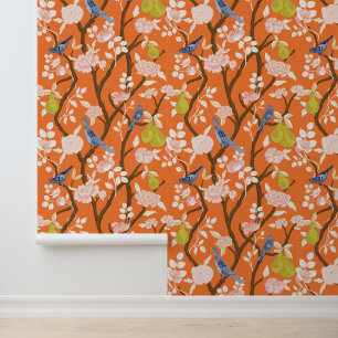 Orange and Blue Chinoiserie Birds Wallpaper