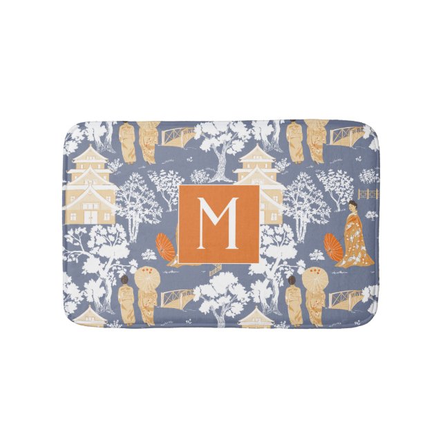 Orange and Blue Chinoiserie Pagodas Monogram Bath Mat (Front)