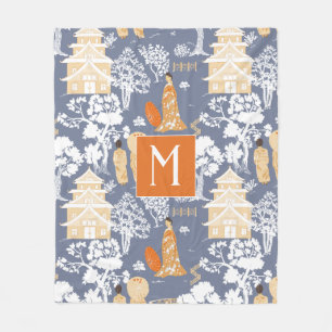 Orange and Blue Chinoiserie Pagodas Monogram Fleece Blanket