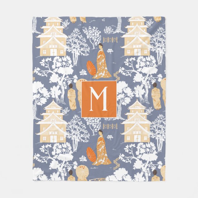 Orange and Blue Chinoiserie Pagodas Monogram Fleece Blanket (Front)