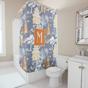 Orange and Blue Chinoiserie Pagodas Monogram Shower Curtain