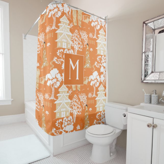 Orange and Blue Chinoiserie Pagodas Monogram Shower Curtain (In Situ)