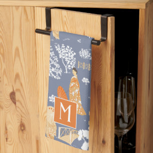 Orange and Blue Chinoiserie Pagodas Monogram Tea Towel