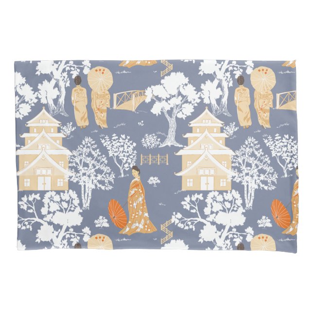 Orange and Blue Chinoiserie Pagodas Pillowcase (Front)