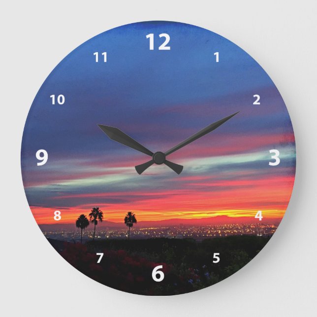 Orange and blue clouds sunset sky landscape photo large clock (Front)