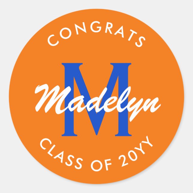 Orange and Blue Custom Graduation Classic Round St Sticker (Front)