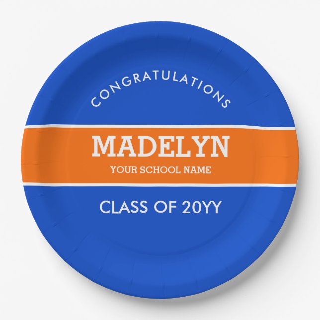 Orange and Blue Custom Graduation Paper Plate (Front)
