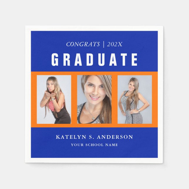 Orange and Blue Custom Graduation Photo Collage Na Napkin (Front)