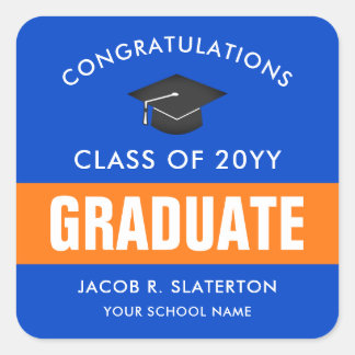 Orange and Blue Custom Graduation Square Sticker