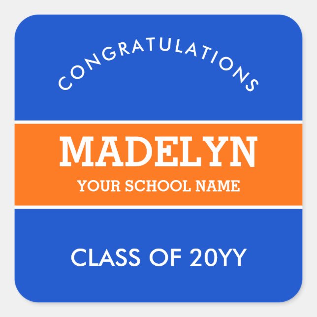 Orange and Blue Custom Graduation Square Sticker (Front)