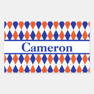Orange and Blue Diamond Argyle Pattern with Name Rectangular Sticker