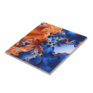 Orange and Blue Floral Fractal Ceramic Tile