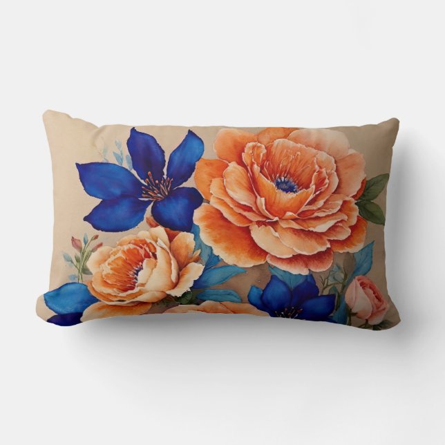 Orange and Blue Floral Lumbar Cushion (Front)