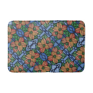 Orange And Blue Floral Pattern Bath Mat