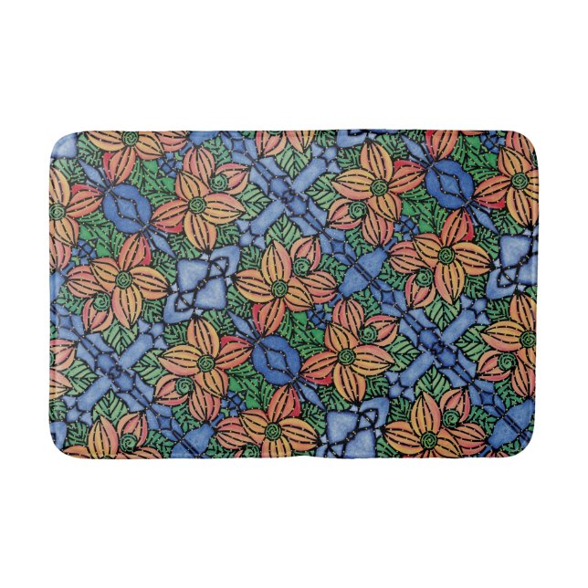 Orange And Blue Floral Pattern Bath Mat (Front)