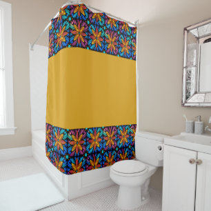 Orange and blue Flower Squares Dark Shower Curtain