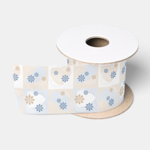 Orange and Blue Flowers on Pastel Checkers Satin Ribbon