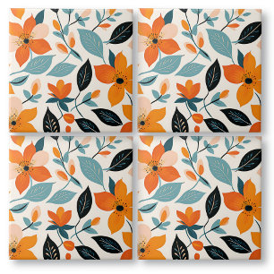 Orange and Blue Foliage and Flowers Ceramic Tile