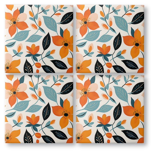 Orange and Blue Foliage and Flowers Ceramic Tile (Creator Uploaded)