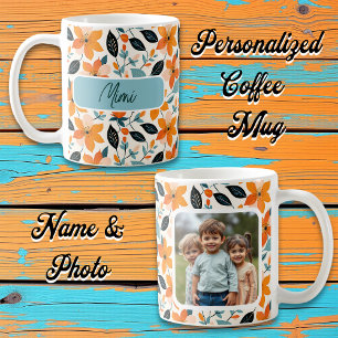 Orange and Blue Foliage and Flowers Personalised Coffee Mug