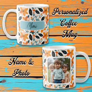 Orange and Blue Foliage and Flowers Personalised Coffee Mug