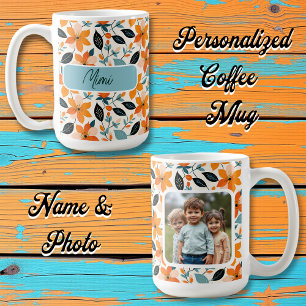 Orange and Blue Foliage and Flowers Personalised Coffee Mug
