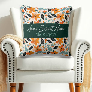Orange and Blue Foliage and Flowers Personalised Cushion