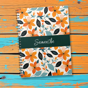Orange and Blue Foliage and Flowers Personalised Notebook