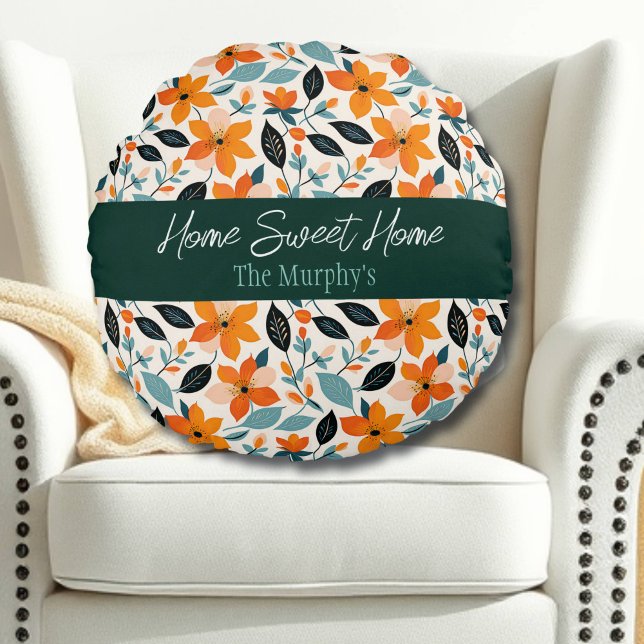 Orange and Blue Foliage and Flowers Personalised Round Cushion (Creator Uploaded)