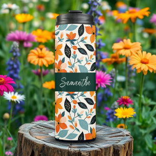 Orange and Blue Foliage and Flowers Personalised Thermal Tumbler
