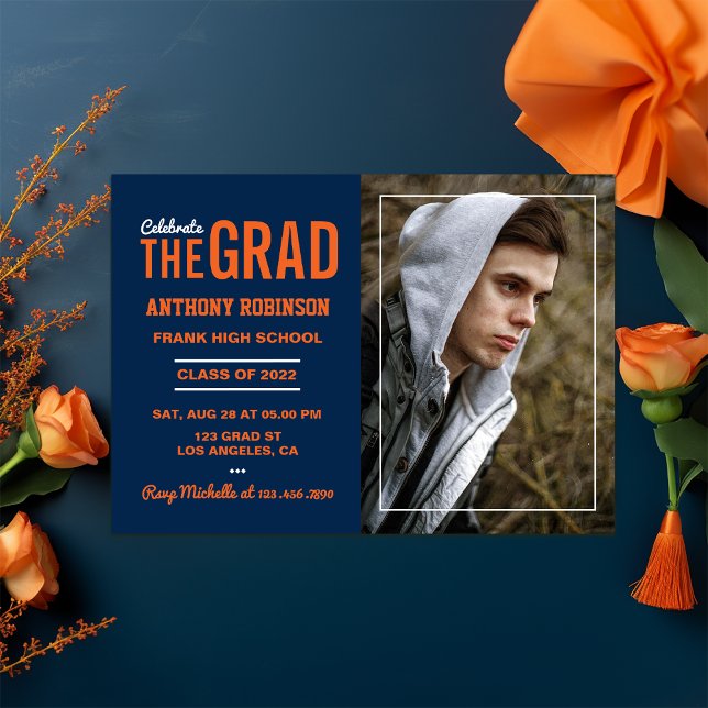 Orange and Blue Graduation Party Photo Invitation (Orange and Blue Graduation invite)