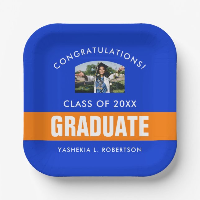 Orange and Blue Graduation Personalised Photo Paper Plate (Front)