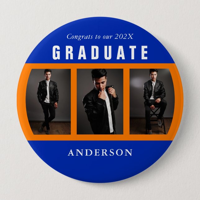 Orange and Blue Graduation Photo Collage 10 Cm Round Badge (Front)