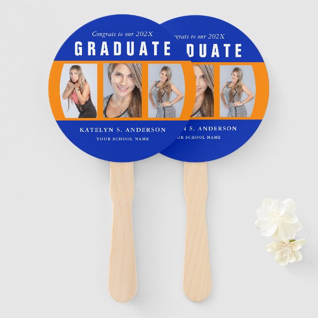 Orange and Blue Graduation Photo Collage  Hand Fan (Front and Back)