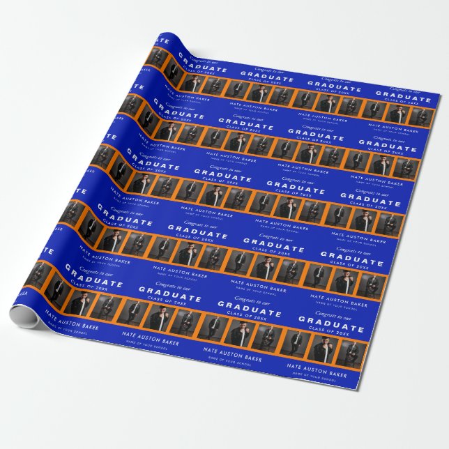 Orange and Blue Graduation Photo Collage Wrapping Paper (Unrolled)