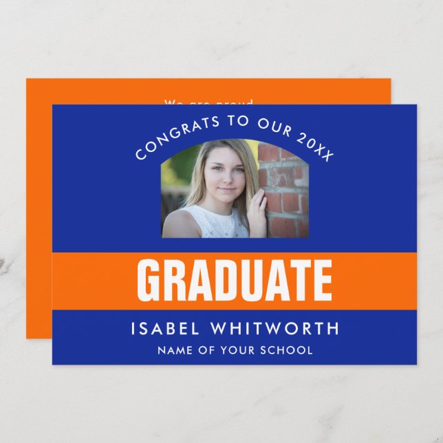 Orange and Blue Graduation Photo Custom Announcement (Front/Back)