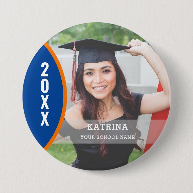 Orange and Blue Graduation Photo Custom Button (Front)
