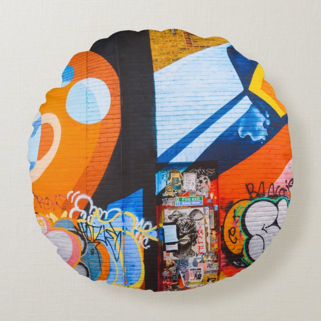 Orange and blue graffiti round cushion (Front)