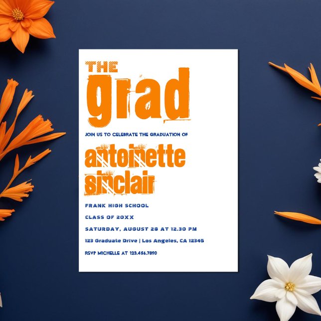 Orange and Blue Grunge Typography Graduation Party Invitation (Orange and Blue Grunge Typography Graduation Party Invitation)